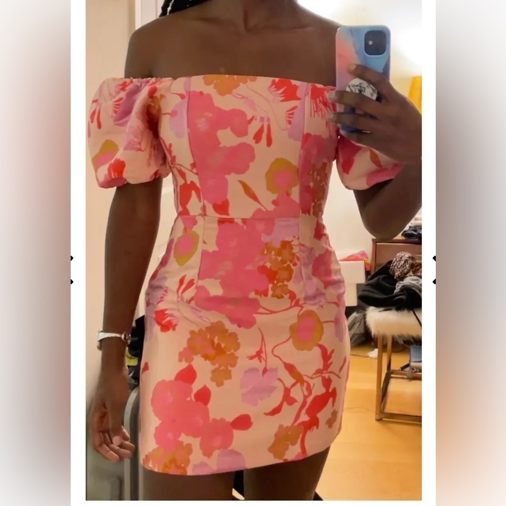 So Stunning Orange Multi Floral Jacquard Puff Sleeve Mini Dress - Picture 6 of 13